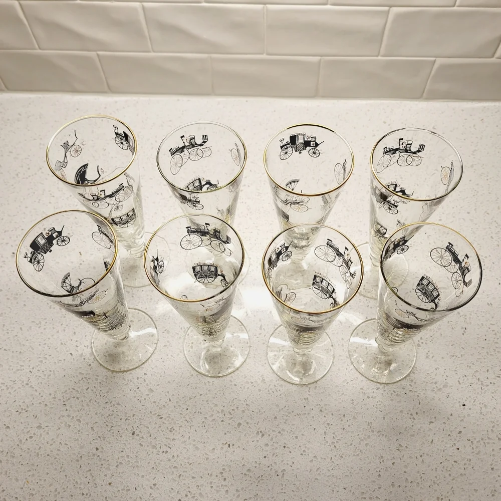 Vintage MCM Libbey Antique Stagecoach Pilsner Glasses Set‎ of 8